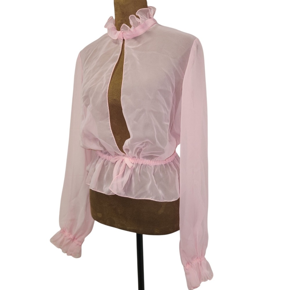 Vintage 1970s Dusty Pink Sheer Victorian Bolero Blouse Cardigan Bow Ruffle M/L